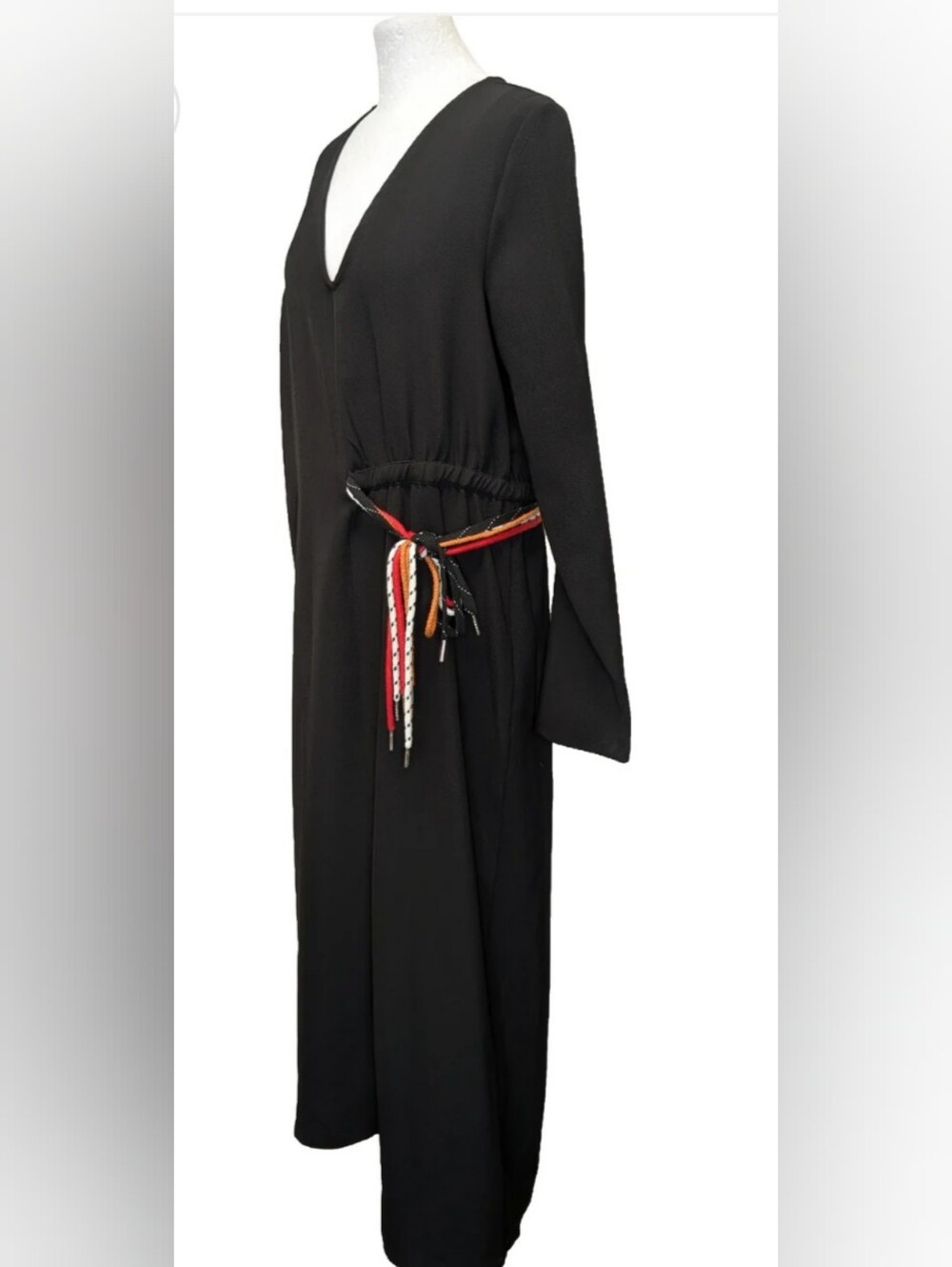 Zara Black V-Neck Long Sleeve Maxi Dress with Decorative Waist Tie Size Small